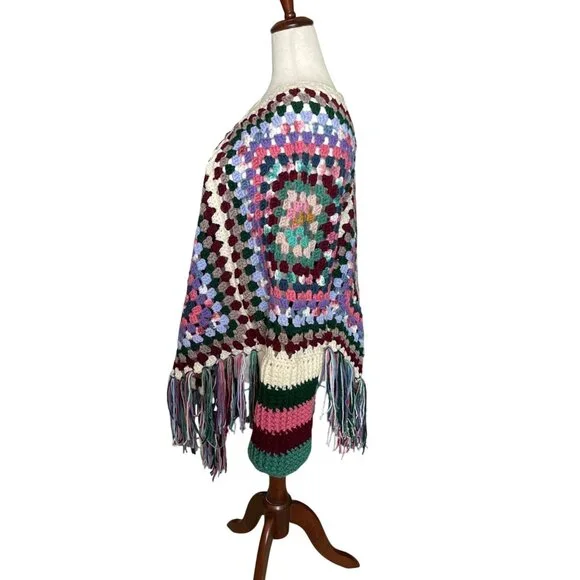 Crochet Poncho with Sleeves Granny Square Design Pattern Colorful Handmade New